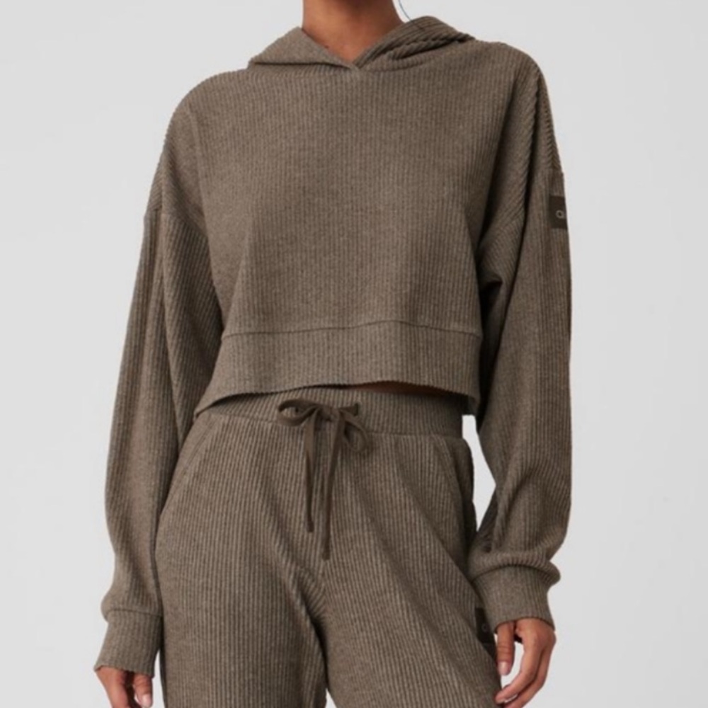 ALO Yoga GRAVEL Ribbed Cropped Hoodie